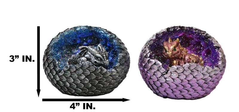 Set of 2 Galaxy Space Baby Dragons In LED Light Faux Geode Quartz Eggs Figurines