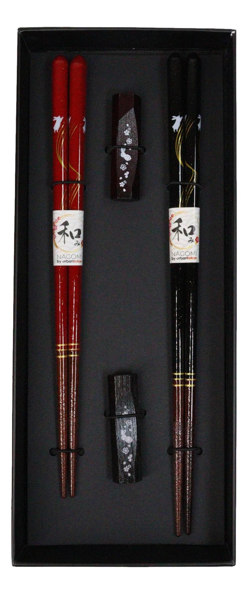 Cherry Brown And Black Moon Rabbits Set of 2 Chopsticks And Wooden Rests Set