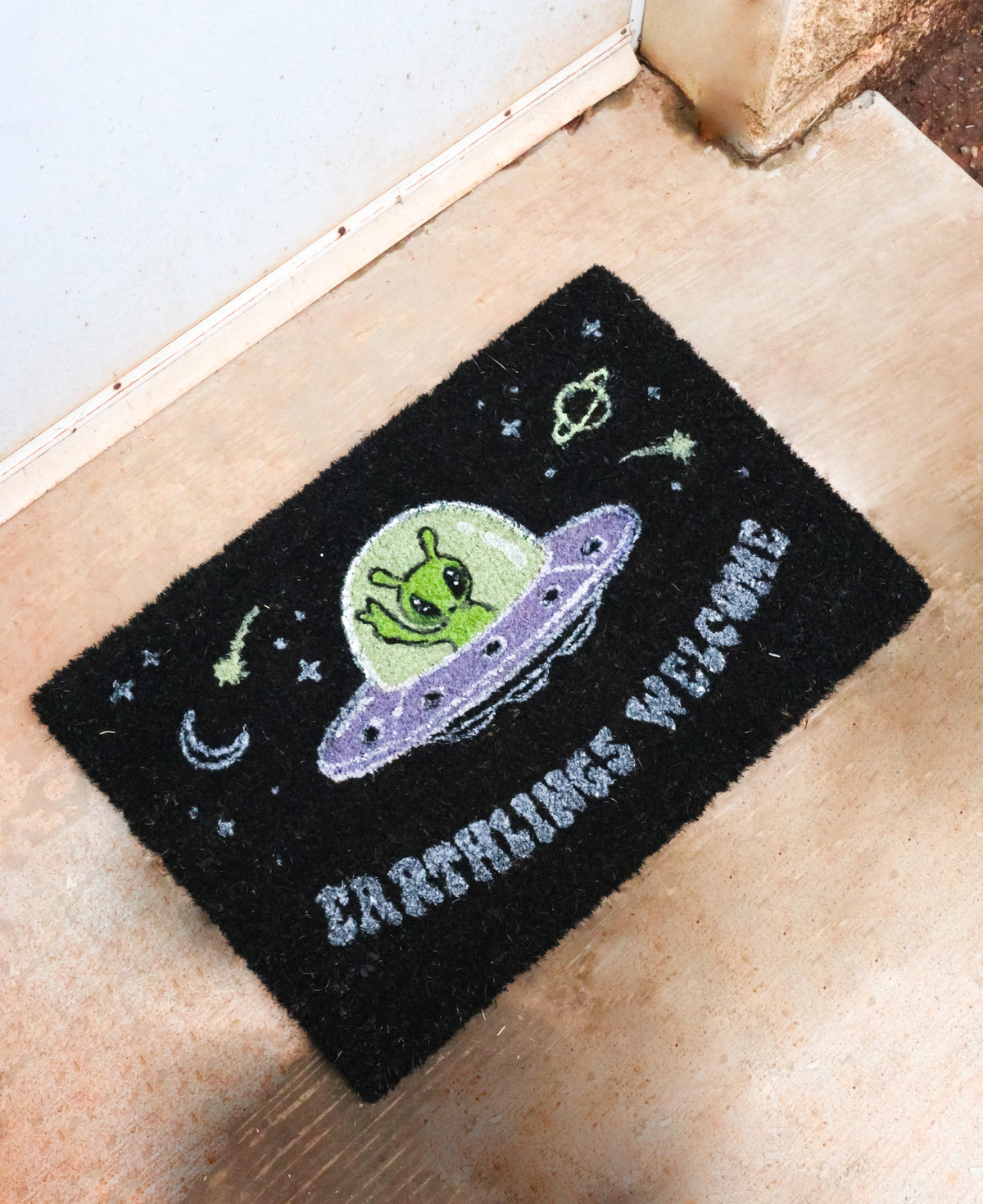 Ebros Earthlings Welcome Alien UFO Spaceship Black Coir Doormat 24 x 16 Inches
