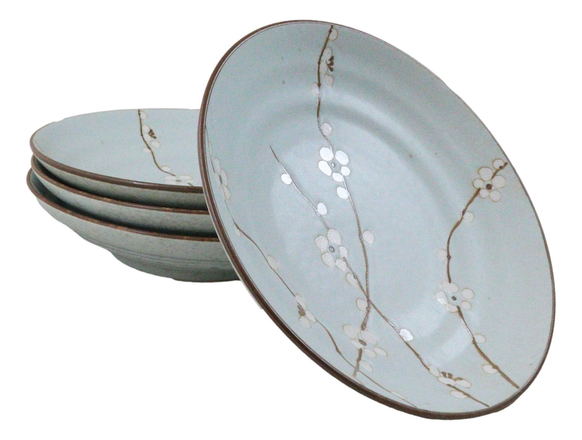 Made In Japan Porcelain Soushun Sakura Green Plum 9"D Deep Plates Bowls Set - Ebros Gift