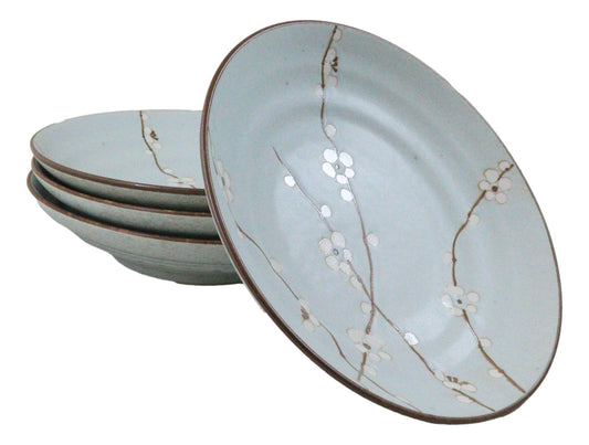Made In Japan Porcelain Soushun Sakura Green Plum 9"D Deep Plates Bowls Set - Ebros Gift