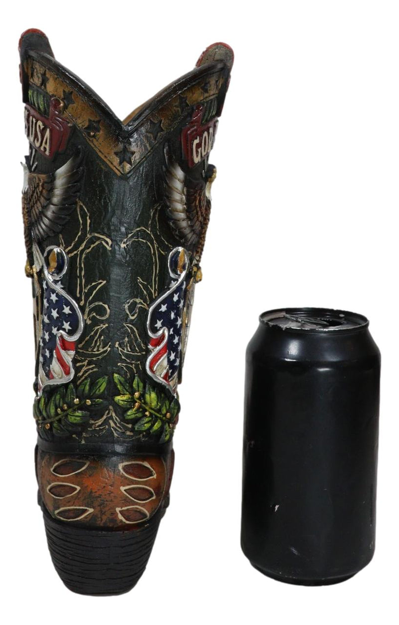 Rustic Western American Flag God Bless USA Eagle Seal Cowboy Boot Vase Planter