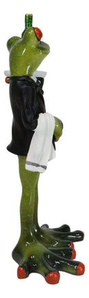 Green Toad Frog Silver Service Butler With Wine Glass And Bottle Figurine 7"H