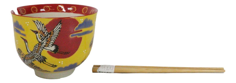 Japanese Cranes With Red Moon Yellow Donburi Ramen Soup Bowl With Chopsticks Set