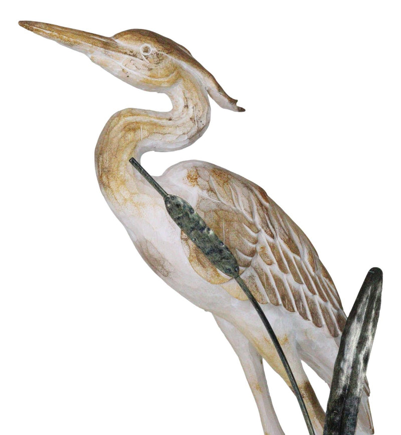 Large Marine Majestic Heron In Reeds Distressed Faux Wood Finish Sculpture 24"H