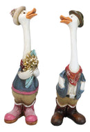 Set of 2 Western Cowboy Cowgirl Ducks With Hats Scarves And Boots Figurines