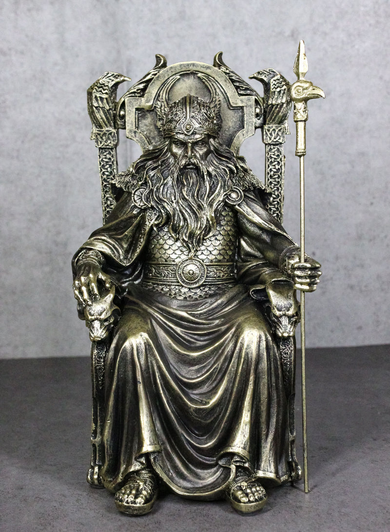 Norse Viking Odin The Alfather Sitting On A Throne with Raven Spear Statue