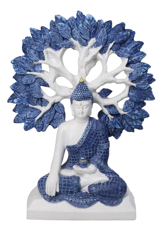 Meditating Buddha with Tree of Life Blue & White Gautama Buddha Figurine 9.5"H