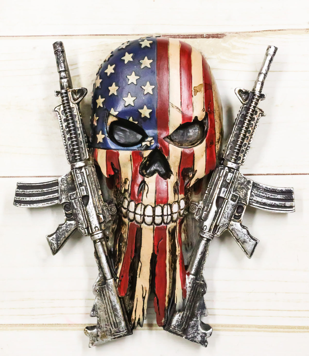Military American Flag Star Spangled Banner Skull With 2 Gun Rifles Wall Decor