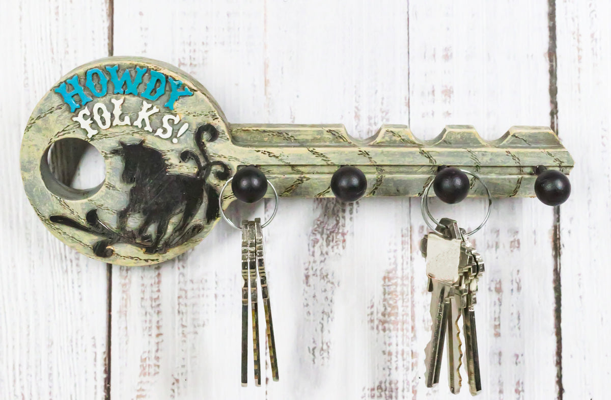 Rustic Western Howdy Folks Horse Key Shaped 4 Peg Quadruple Wall Hook Plaque