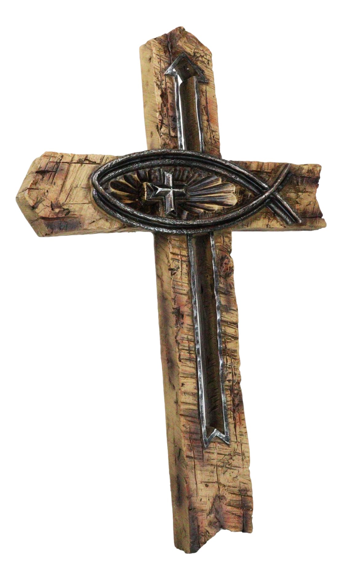 Rustic Horizontal Ichthys Jesus Fish Symbol With Arrows Faux Wooden Wall Cross
