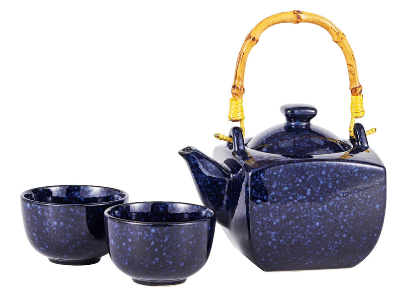 Speckled Navy Blue Zen Fusion Reactive Glaze 32oz Teapot With 2 Tea Cups Set