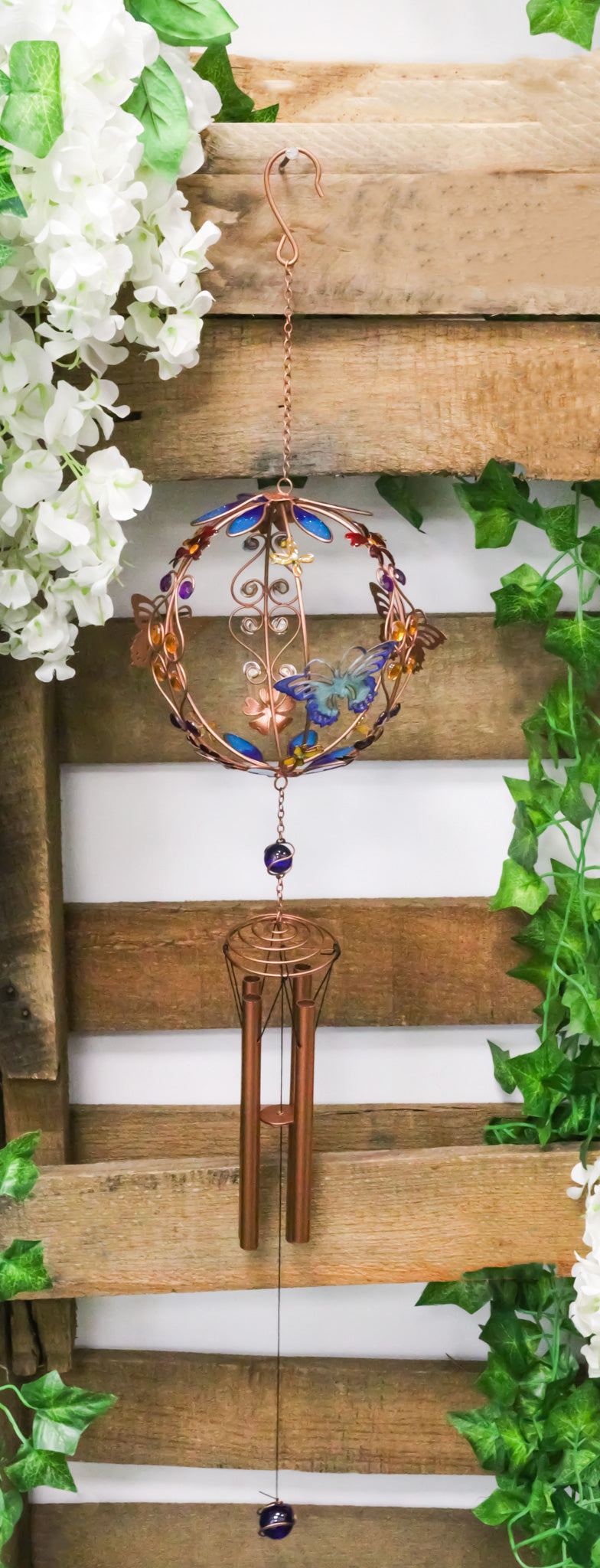 Monarch Butterflies by Floral Garden Globe Art Glass Gemstones Metal Wind Chime