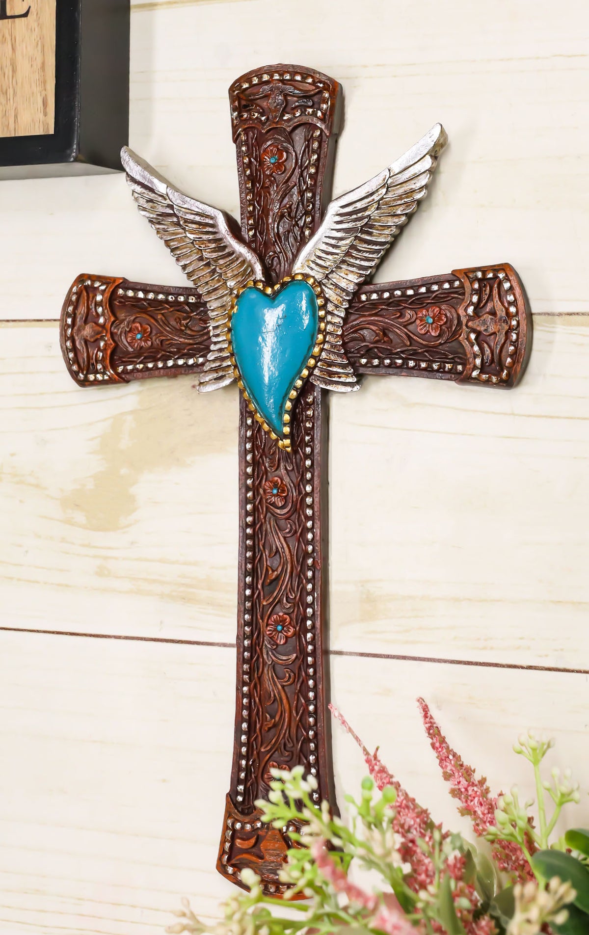 Western Boho Chic Turquoise Heart Angel Wings Tooled Floral Leather Wall Cross - Ebros Gift