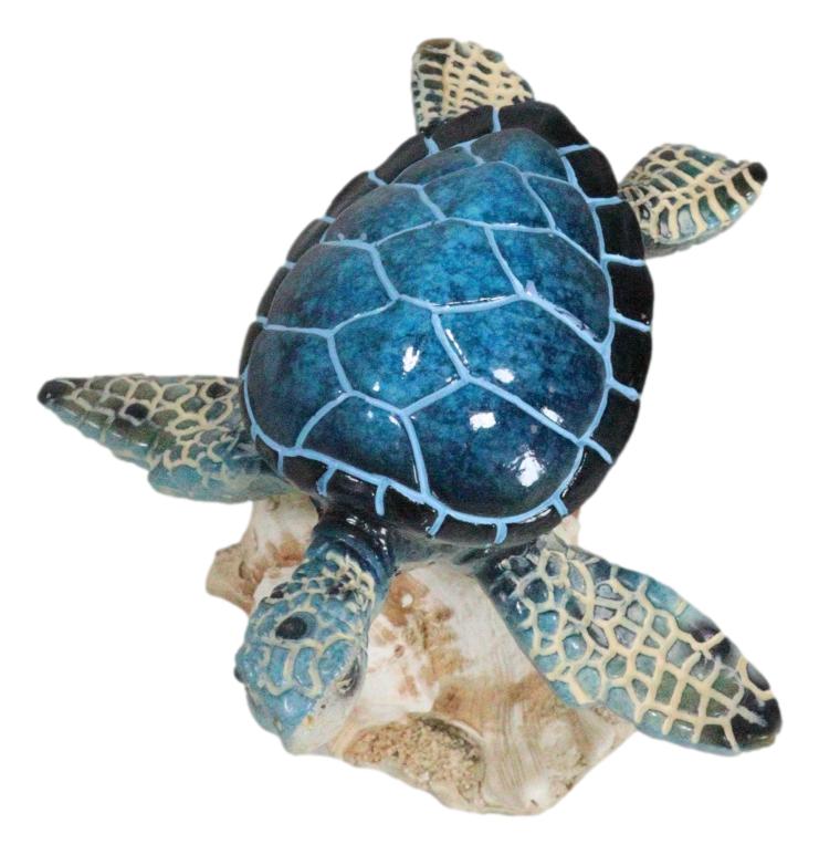 Ocean Marine Blue Sea Turtle Swimming Over Conch Shell Spring Bobble Figurine
