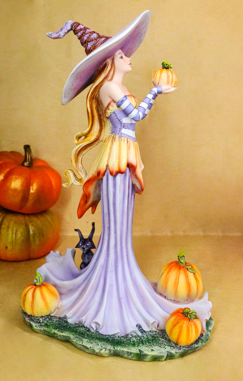 Amy Brown Halloween Purple Hat Pumpkin Witch with Mysterious Black Cat Figurine