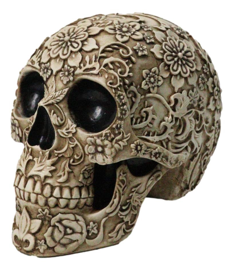Ebros Gift Floral Bone Cream Sugar Skull Figurine with Rose Flower Designs