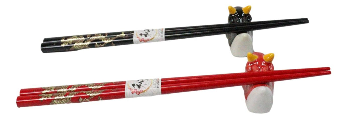 Red And Black Oriental Ryu Dragons Set of 2 Chopsticks And Ceramic Rests Set