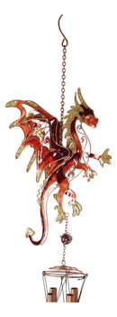 Medieval Fantasy Red Gold Fire Dragon Cross Art Glass Gemstones Metal Wind Chime