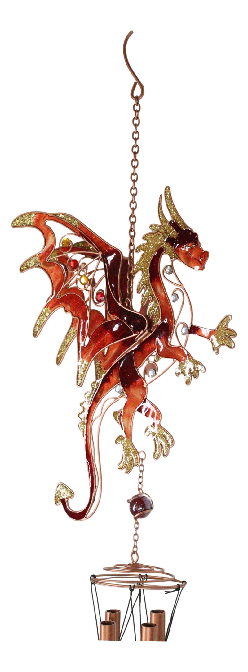 Medieval Fantasy Red Gold Fire Dragon Cross Art Glass Gemstones Metal Wind Chime