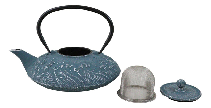 Royal Blue Ocean Sea Waves Cast Iron Tetsubin Teapot With Enamel Liner