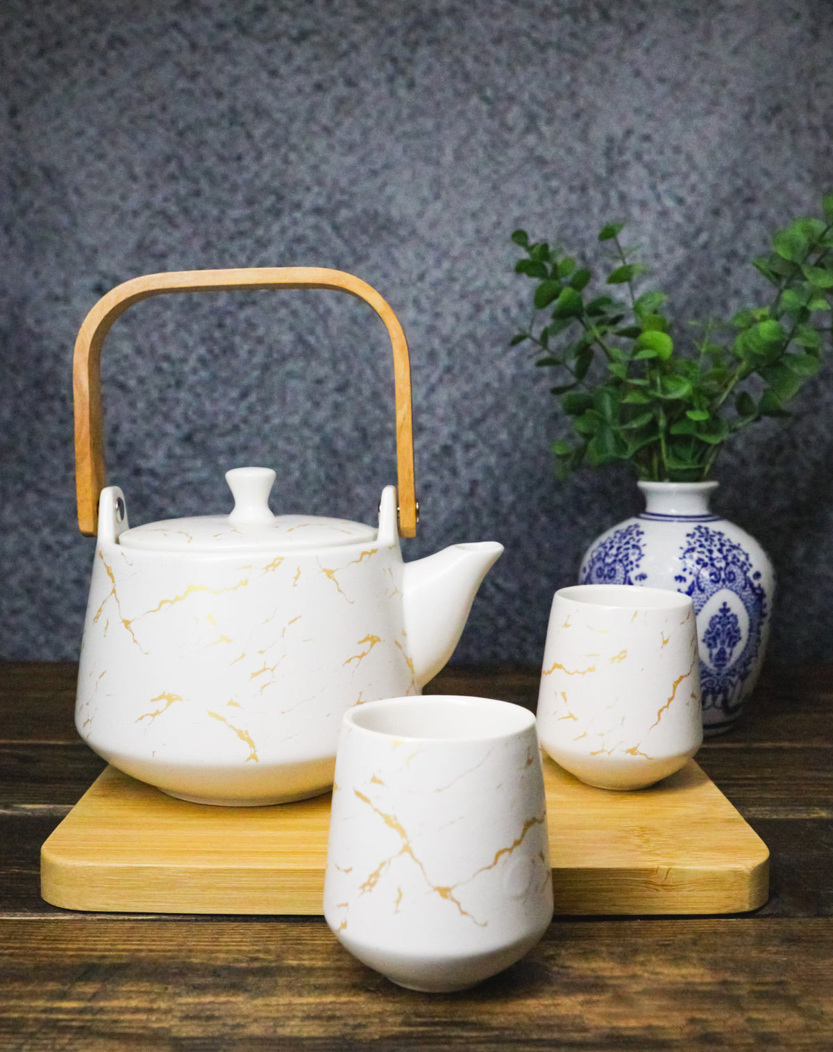 White Marble Vein Porcelain 22oz Teapot And 2 Tea Cups With Bamboo Tray Set