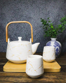 White Marble Vein Porcelain 22oz Teapot And 2 Tea Cups With Bamboo Tray Set