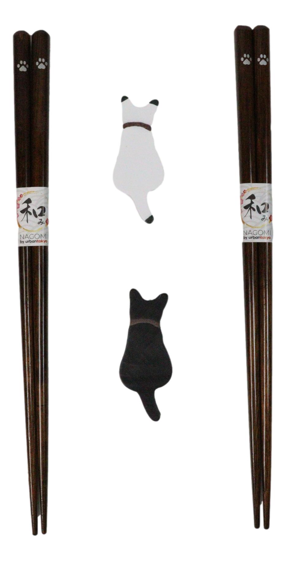 Black And White Feline Cats With Tails Set of 2 Chopsticks And Wooden Rests Set