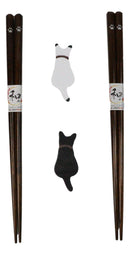 Black And White Feline Cats With Tails Set of 2 Chopsticks And Wooden Rests Set