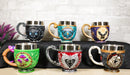 Set Of 6 Colorful Cameo Tarot Moth Skeletons Dragons Cat Magic Tea Cup Mugs
