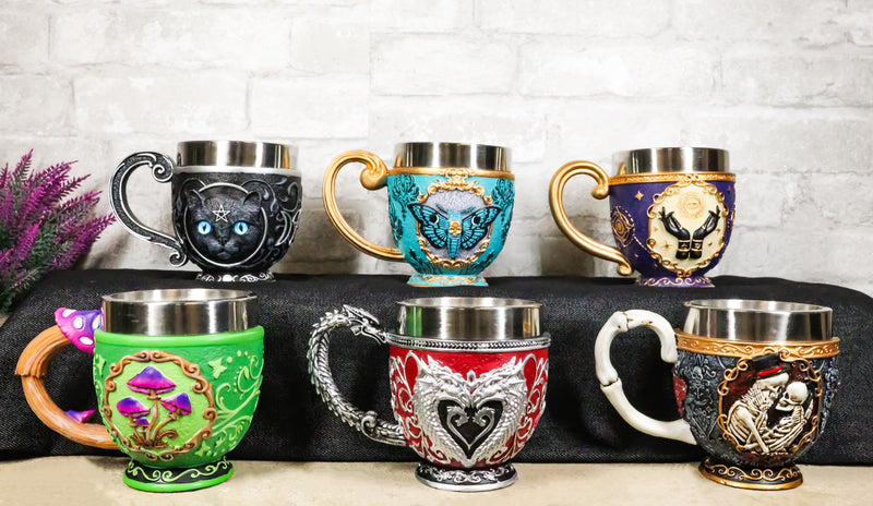 Set Of 6 Colorful Cameo Tarot Moth Skeletons Dragons Cat Magic Tea Cup Mugs