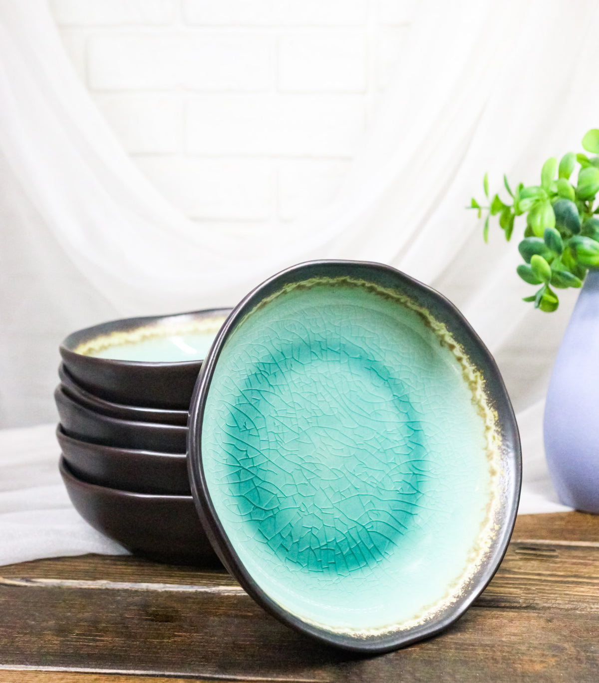 Pack Of 6 Crackle Green Midori Kannyu Round Flair Deep Plates Shallow Bowls 15oz