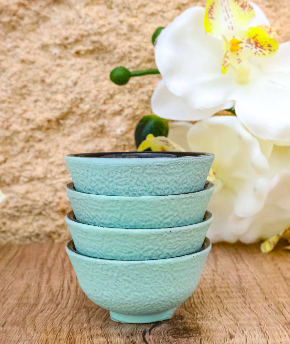 Mint Green Textured Japanese Tetsubin Style Cast Iron Mini Tea Cups Set of 4