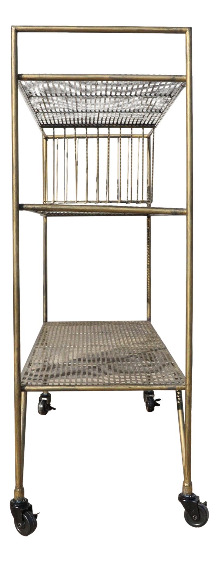 39"H Contemporary Brushed Gold Metal 3 Tier Shelf And Basket Bar Serving Cart