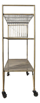 39"H Contemporary Brushed Gold Metal 3 Tier Shelf And Basket Bar Serving Cart