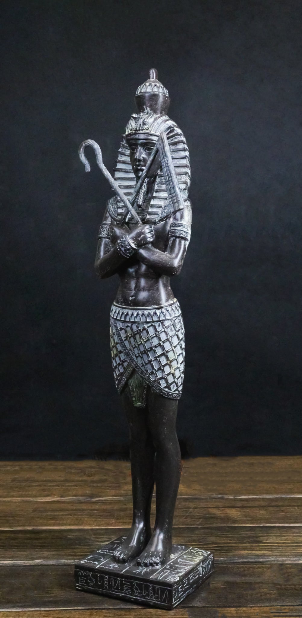 Egyptian Warrior King Pharaoh With Nemes Crook And Flail Standing On Base Statue