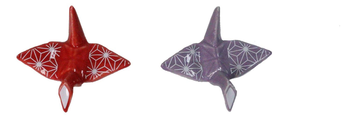 Red And Purple Origami Cranes Set of 2 Wooden Chopsticks And Ceramic Rests Set
