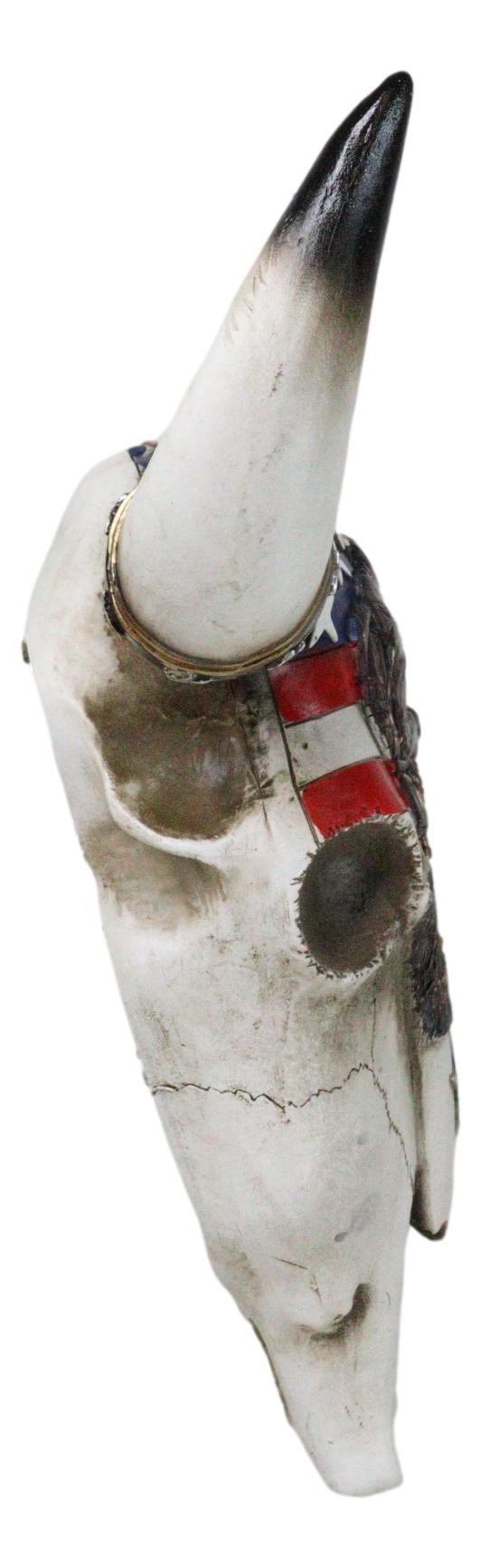 Western Patriotic USA Flag Helmet Rifle Soldier Memorial Cow Skull Wall Decor - Ebros Gift
