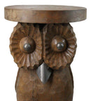Hand Carved Whimsical Wise Owl Round Top Side Table Made Of Mango Wood 18" Tall