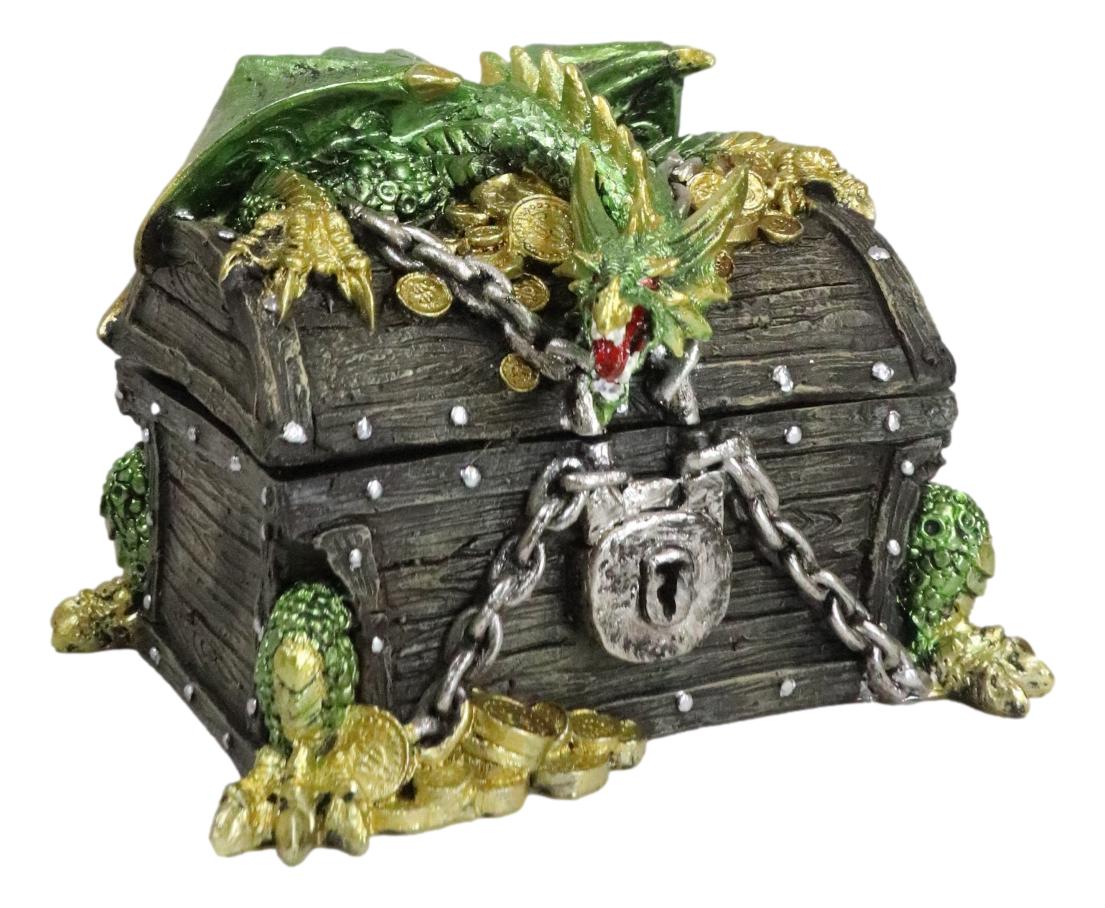 Gold Green Treasure Dragon Guarding Pirate Chest Decorative Jewelry Trinket Box - Ebros Gift