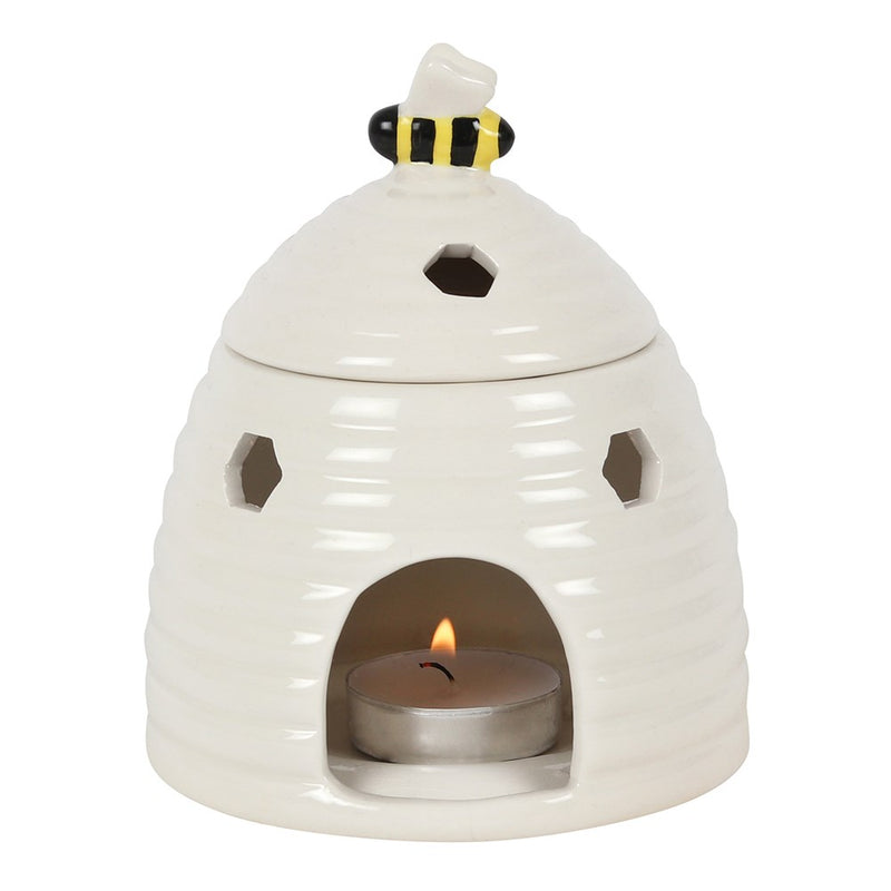 White Whimsical Bumblebee Beehive Ceramic Essential Oil Warmer Candle Holder
