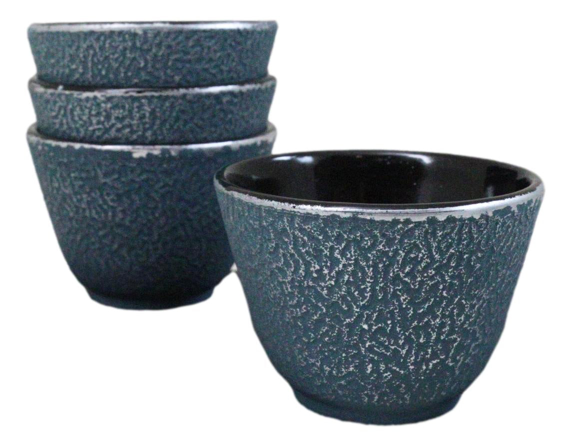 Pack Of 4 Teal Blue With Gold Cast Iron Tetsubin Textured Surface Tea Cups 3oz