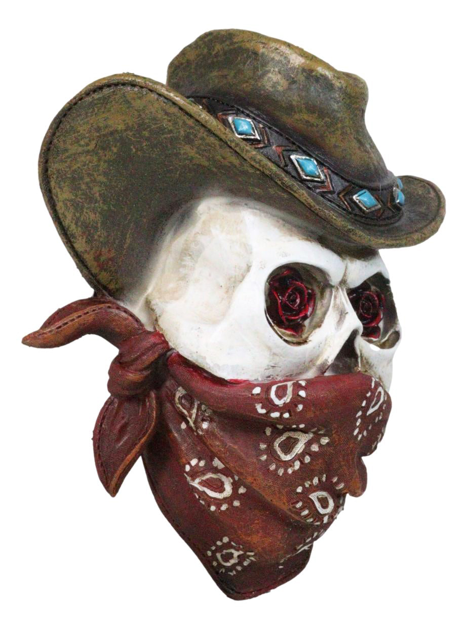 Western Wild West Cowboy Skull With Rose Eyes Hat and Bandana Mask Wall Decor