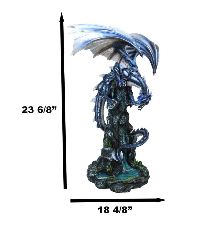Large Blue Zirconia Rogue Storm Dragon Hovering Over Cliff Rock Waterfall Statue