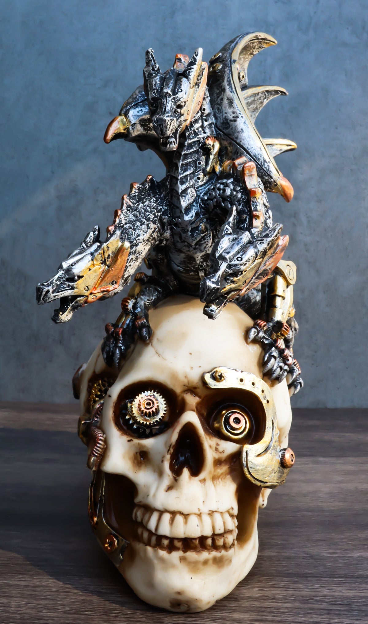 Steampunk Cyborg Skull with Perching Robotic Silver Hydra Dragon Figurine