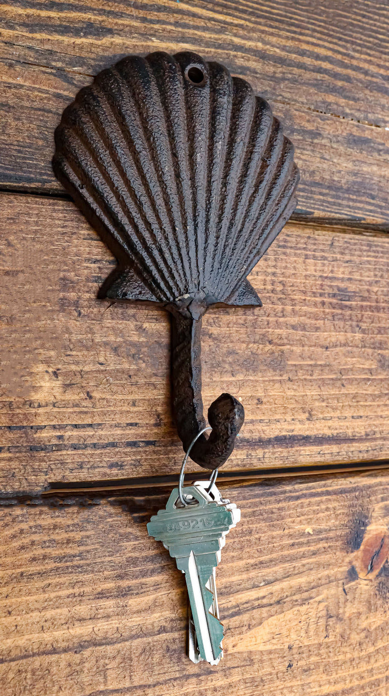Pack Of Two Cast Iron Coastal Marine Ocean Scallop Shell Wall Coat Hook Hangers