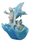Marine Ocean 2 Blue Dolphins Swimming By Coral Reef and Clam Seashell Figurine