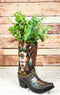 Southwest Turquoise Feathers Cow Skull Crossed Arrows Cowboy Boot Vase Holder