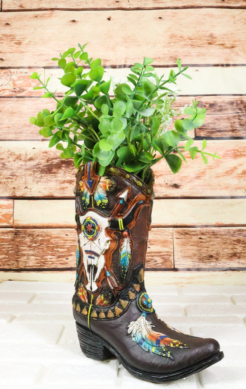 Southwest Turquoise Feathers Cow Skull Crossed Arrows Cowboy Boot Vase Holder