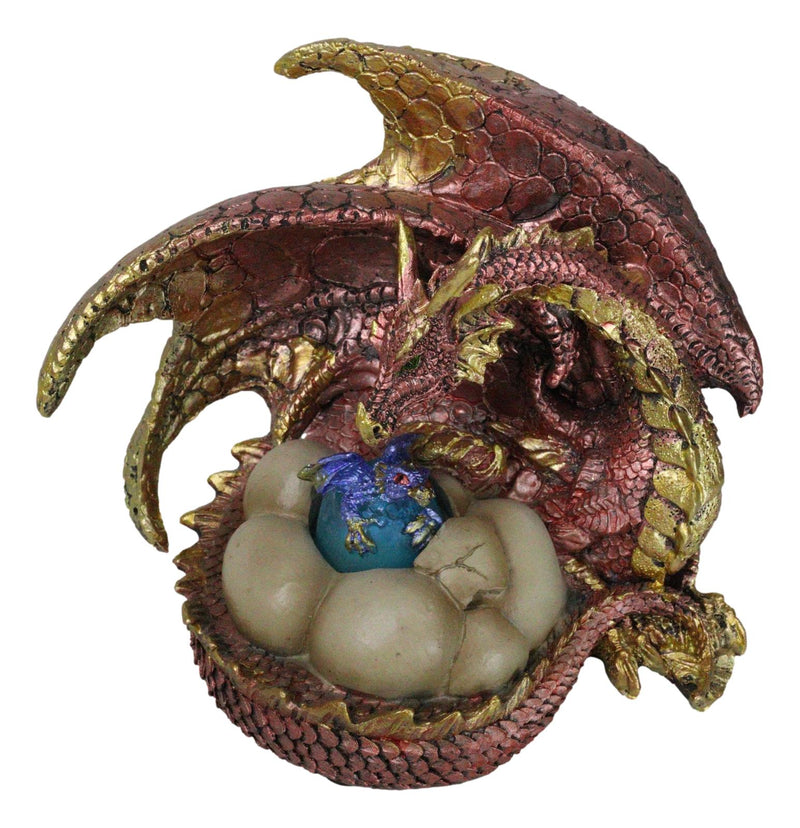 Red Gold Fire Mother Dragon Guarding Eggs And Baby Hatchling With LED Figurine